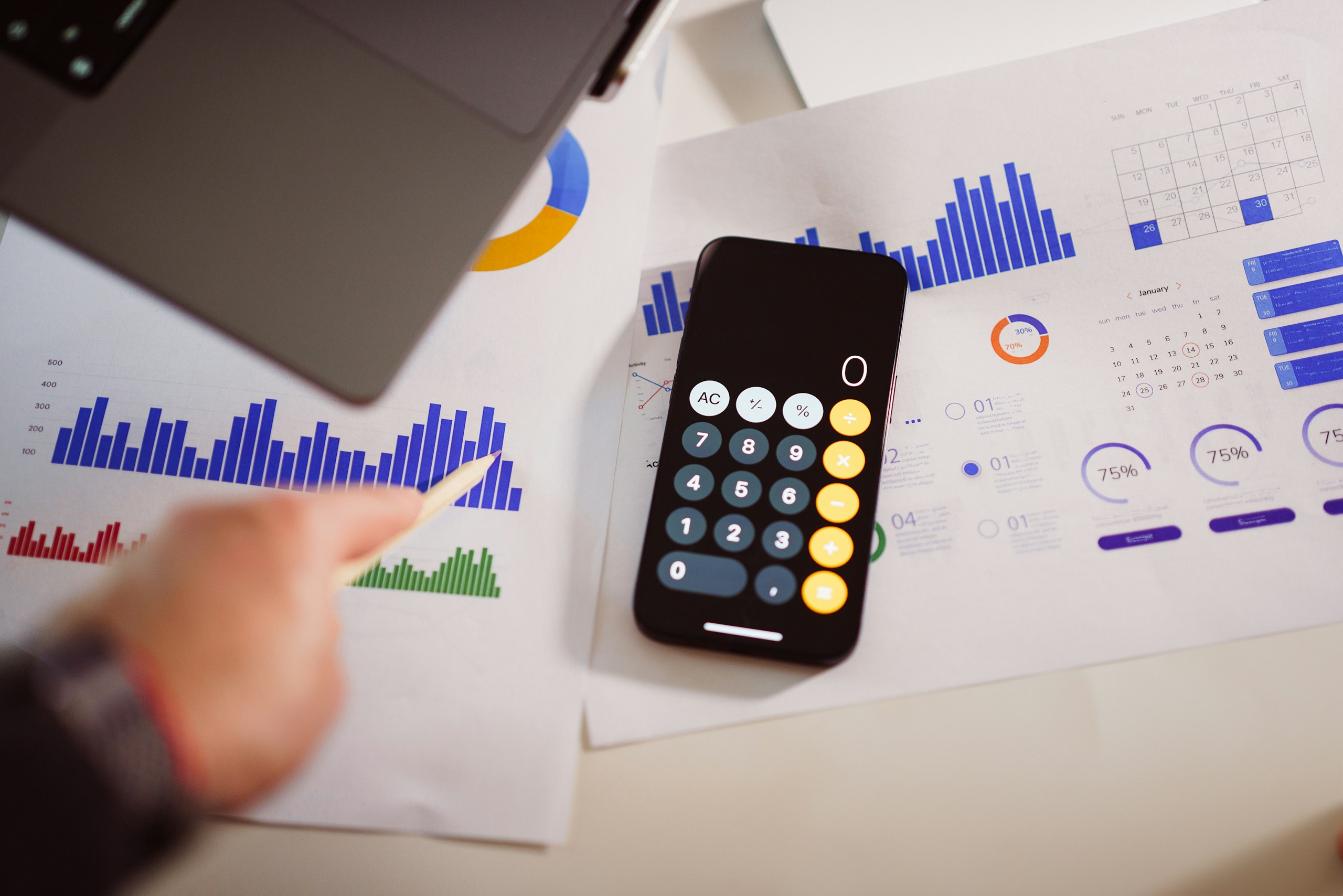 Calculadora e gráficos financeiros representando indicadores da empresa